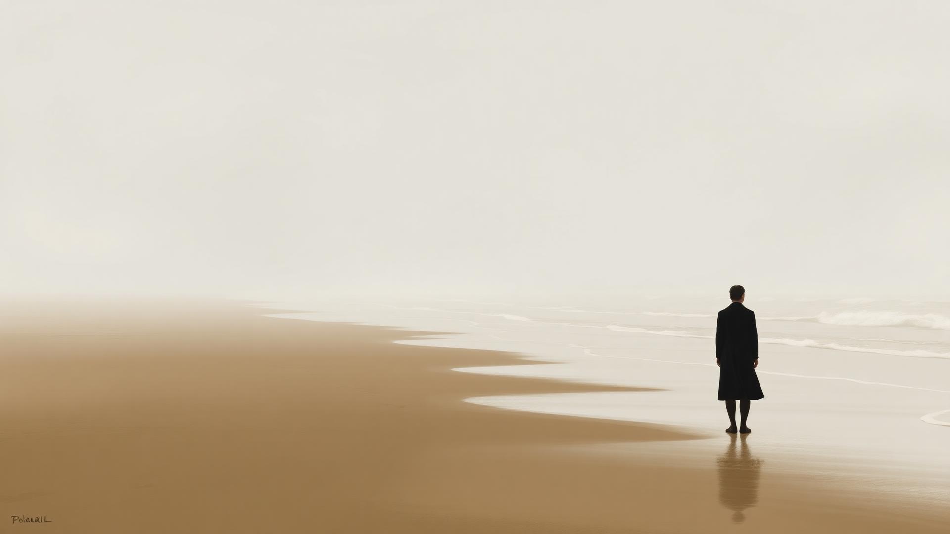 Silhouette immobile sur une plage claire, face à une mer voilée de brume